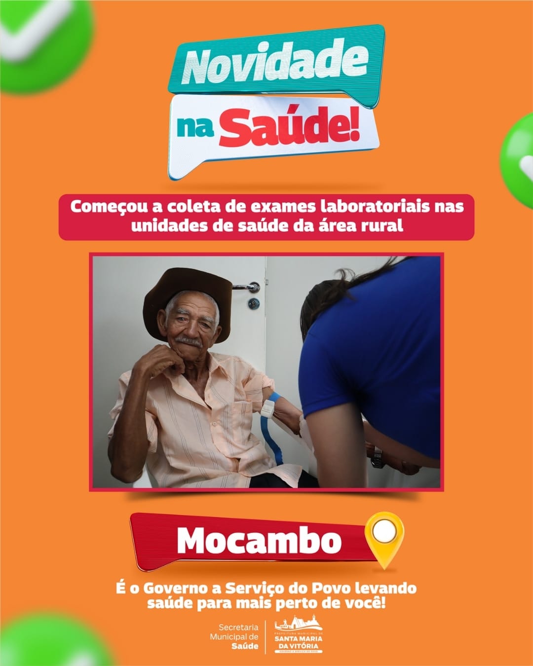 A partir de agora a população da área rural marca os exames laboratoriais na própria Unidade de Saúde e o laboratório vai até a localidade realizar a coleta.