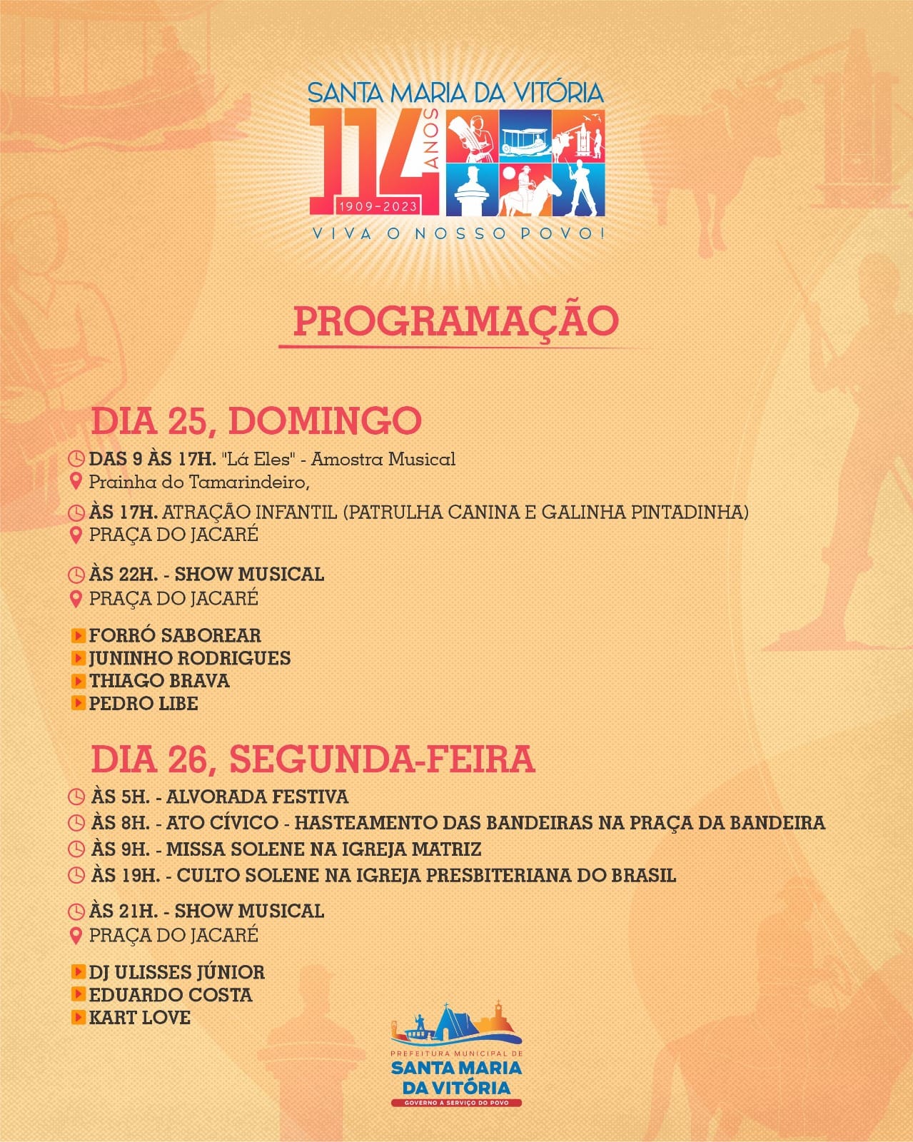 Acompanhe a nossa programação do aniversário de 114 anos de Santa Maria da Vitória.