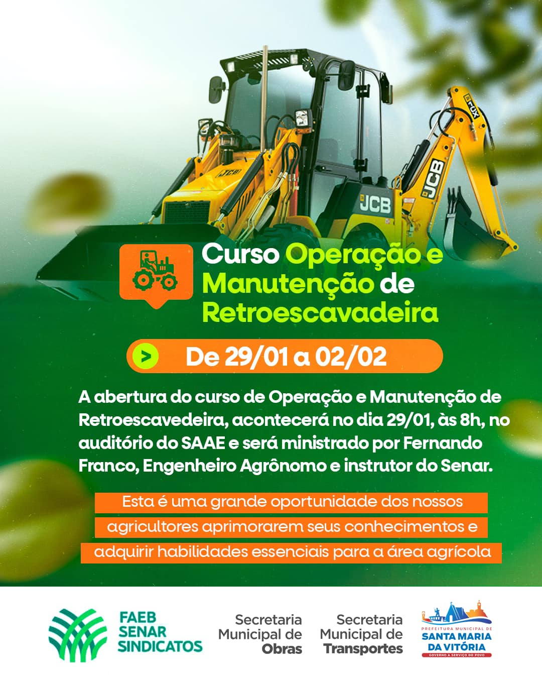 Curso de Operação e Manutenção de Retroescavadeira, de 29/01 a 02/02