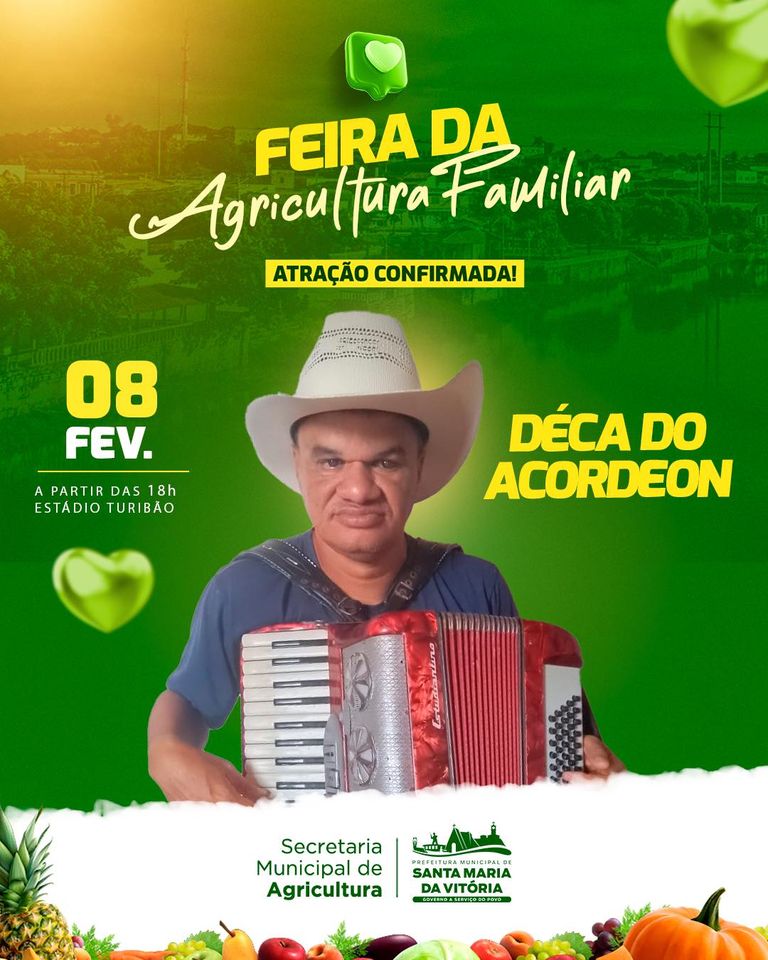 O nosso conterrâneo Déca do Acordeon vai comandar a festa, nessa quinta-feira, dia 08/02, na Feira da Agricultura Familiar de Santa Maria da Vitória.