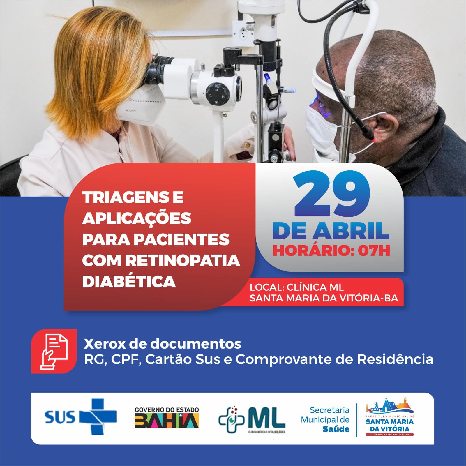 Os agendamentos de triagens e aplicações para pacientes com retinopatia diabética serão realizados a partir das 7h, do dia 29/04, segunda-feira, na Clínica ML, localizada na Rua Dep. Adão Souza, 280.