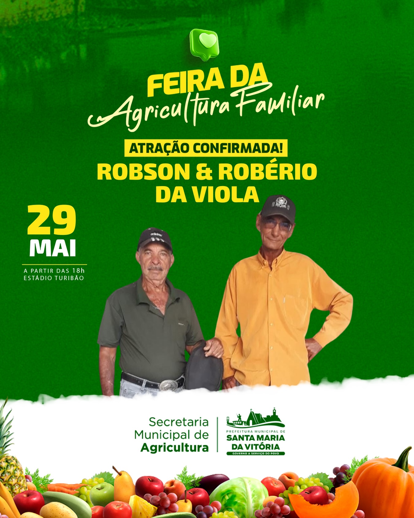 Hoje, às 18h, em frente ao estádio Turibão, a dupla Robson & Robério da Viola vai comandar a festa na Feira da Agricultura Familiar.