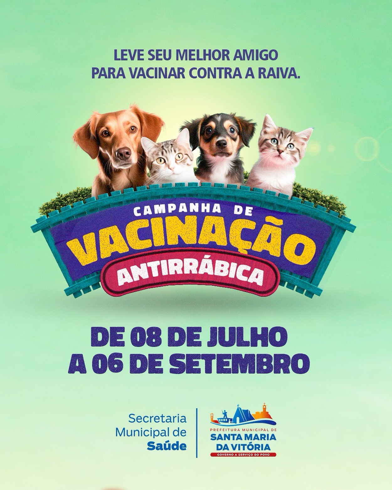 Leve seu cão ou gato para receber a vacina e contribuir para a saúde pública da nossa comunidade.