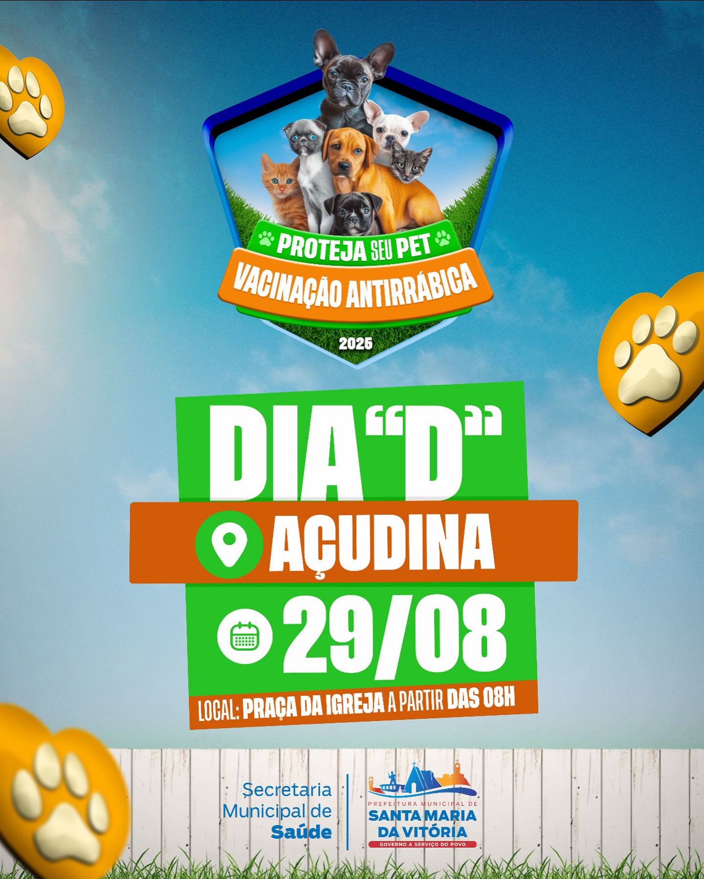 No dia 29 de agosto, a partir das 08h, teremos o Dia D de Vacinação Antirrábica na Praça da Igreja.