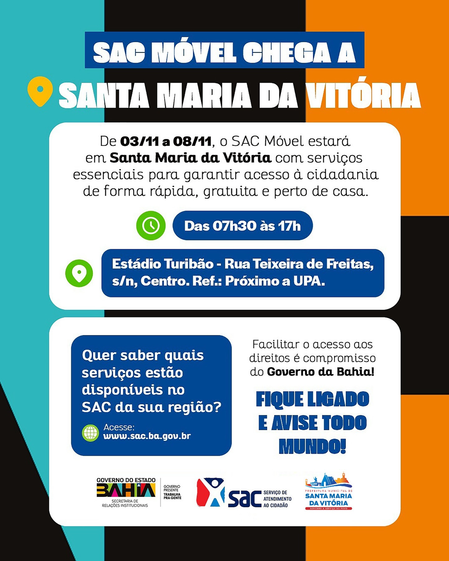 De 03 a 08 de novembro, o SAC Móvel estará em Santa Maria da Vitória oferecendo serviços essenciais de cidadania de forma rápida, gratuita e mais perto de você.