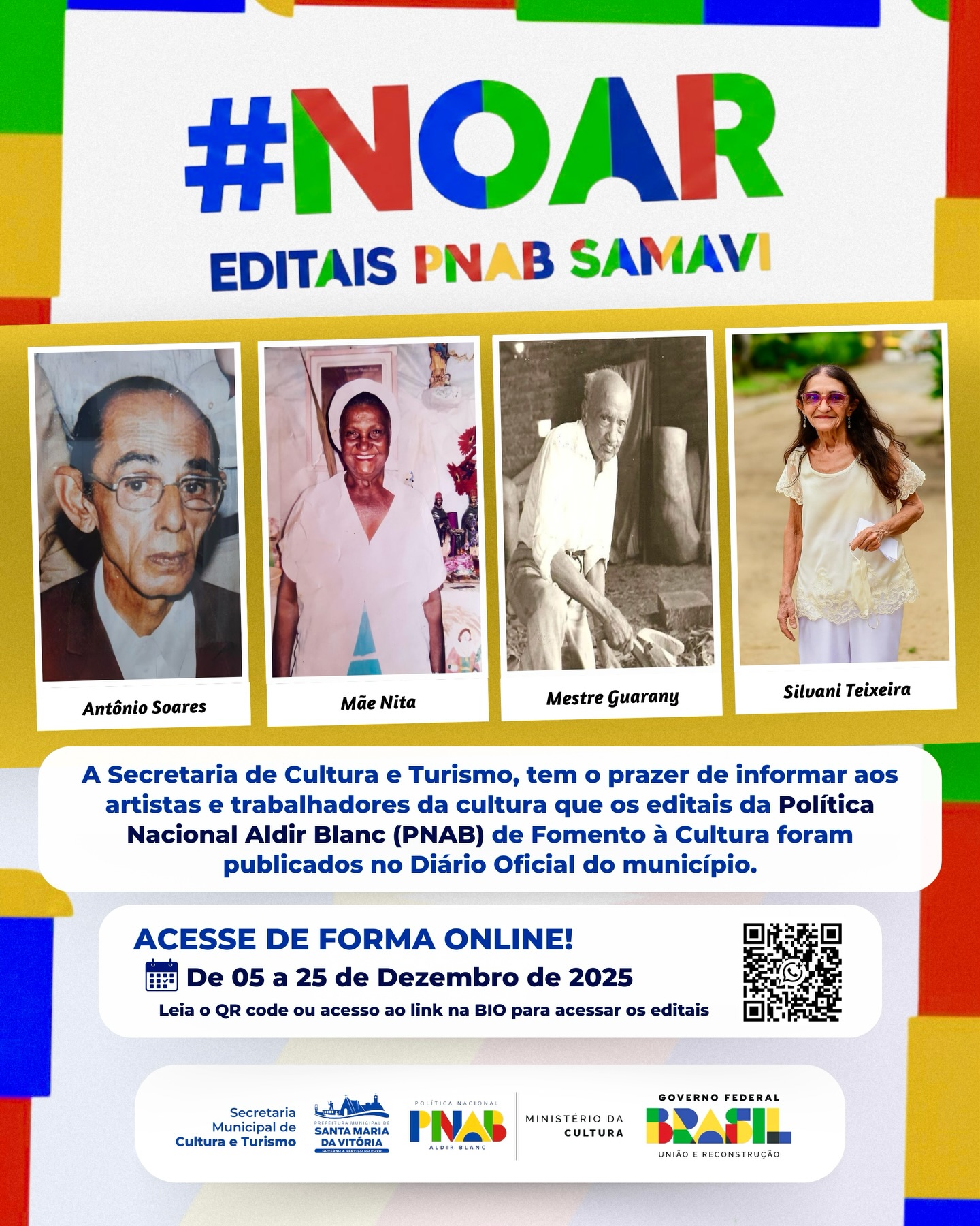 A Prefeitura de Santa Maria da Vitória, por meio da Secretaria Municipal de Cultura e Turismo, informa que os editais da Política Nacional Aldir Blanc (PNAB) já estão oficialmente publicados no Diário Oficial
