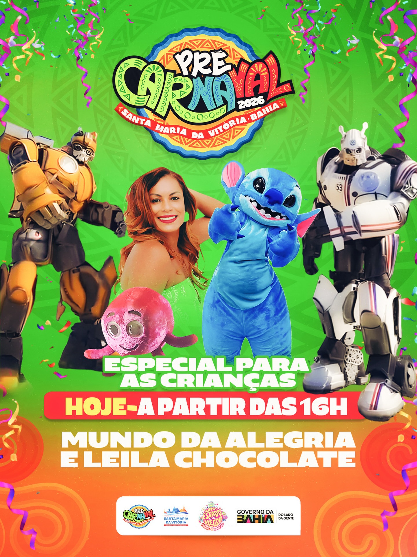 A partir das 16h, a avenida vira palco de sorrisos, fantasia, brincadeira e muita diversão com o Mundo da Alegria e a energia contagiante de Leila Chocolate!