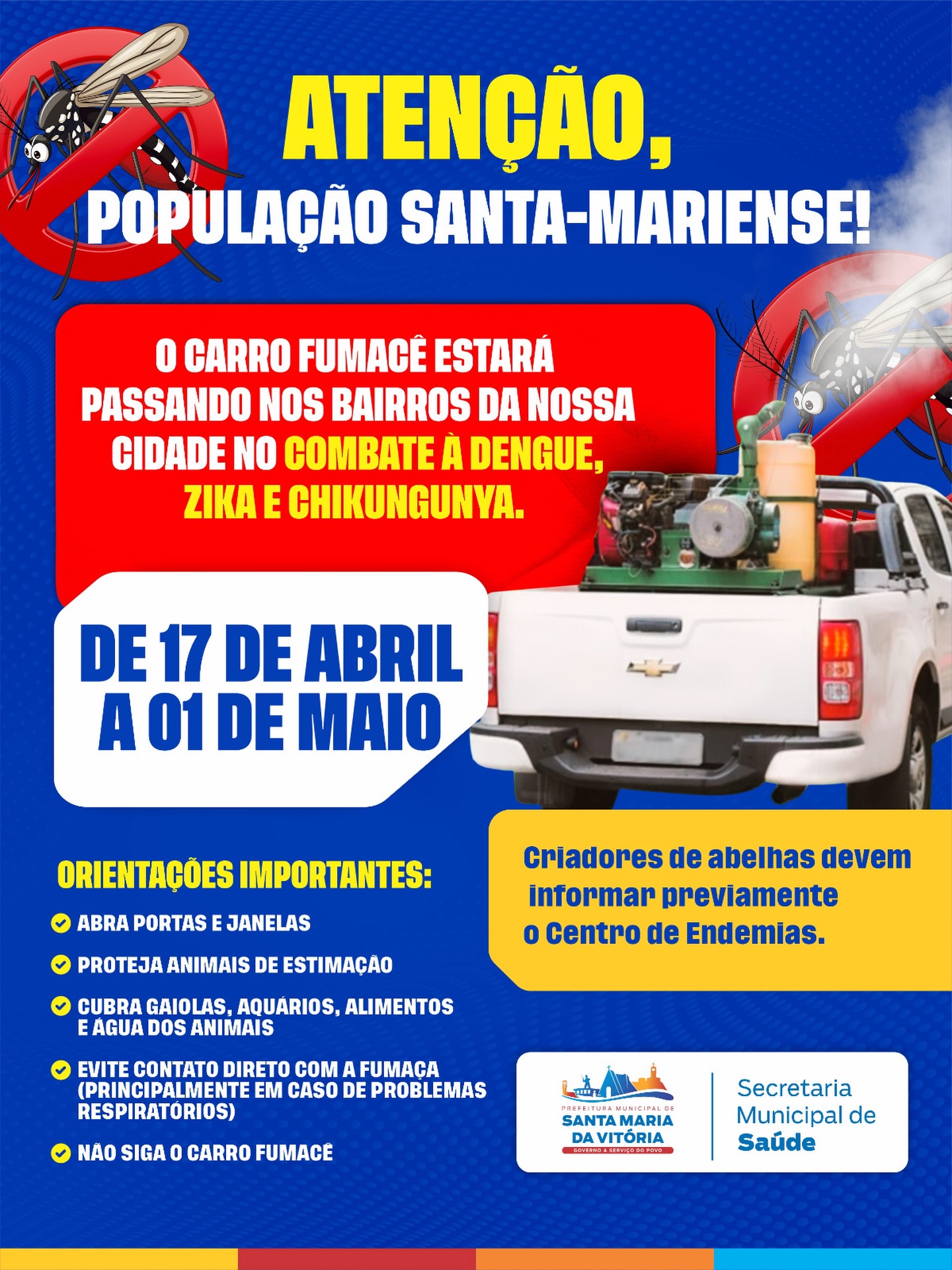 A Prefeitura de Santa Maria da Vitória, por meio da Secretaria Municipal de Saúde, está intensificando o combate ao mosquito com a passagem do carro fumacê nos bairros da cidade.